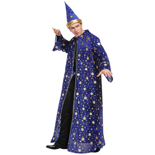 Adult Halloween Wizard Costume — Glittering Stars Robe & Pointy Hat