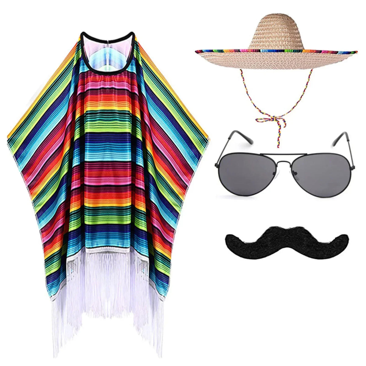 Mexican Festival Halloween Costume Set — Cloak, Hat, Sunglasses & Beard