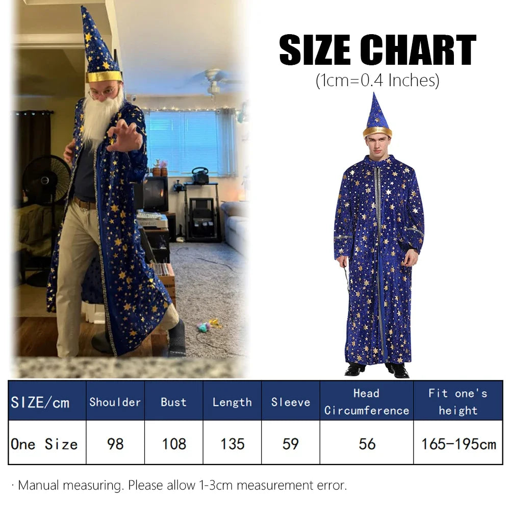 Adult Halloween Wizard Costume — Glittering Stars Robe & Pointy Hat
