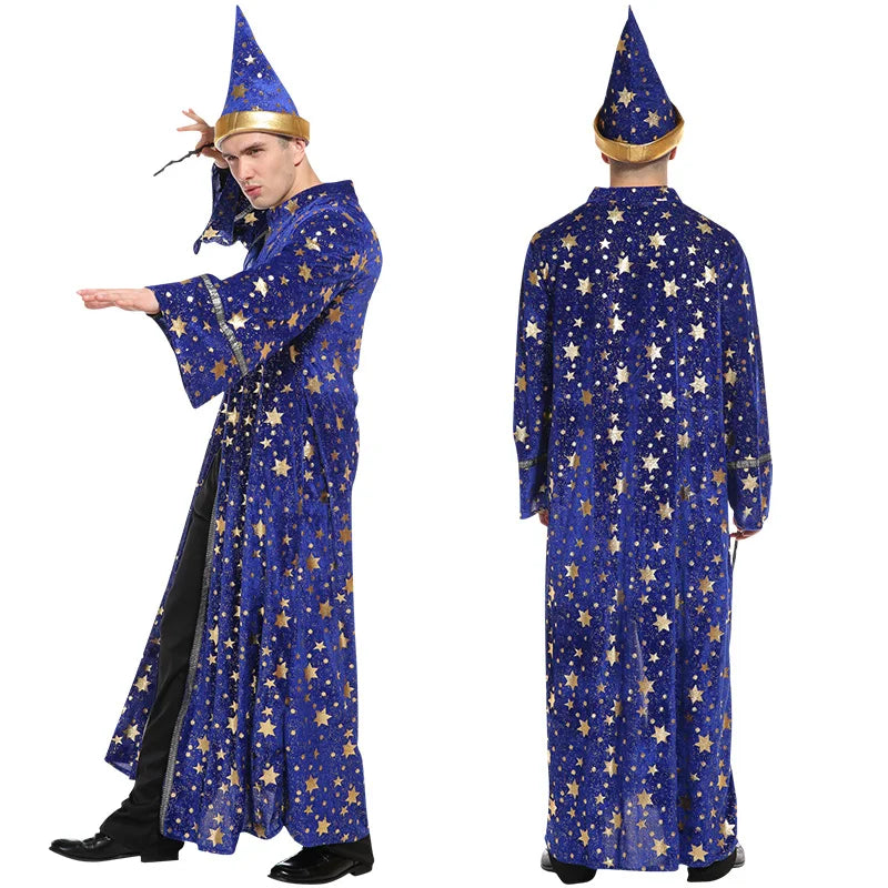 Adult Halloween Wizard Costume — Glittering Stars Robe & Pointy Hat