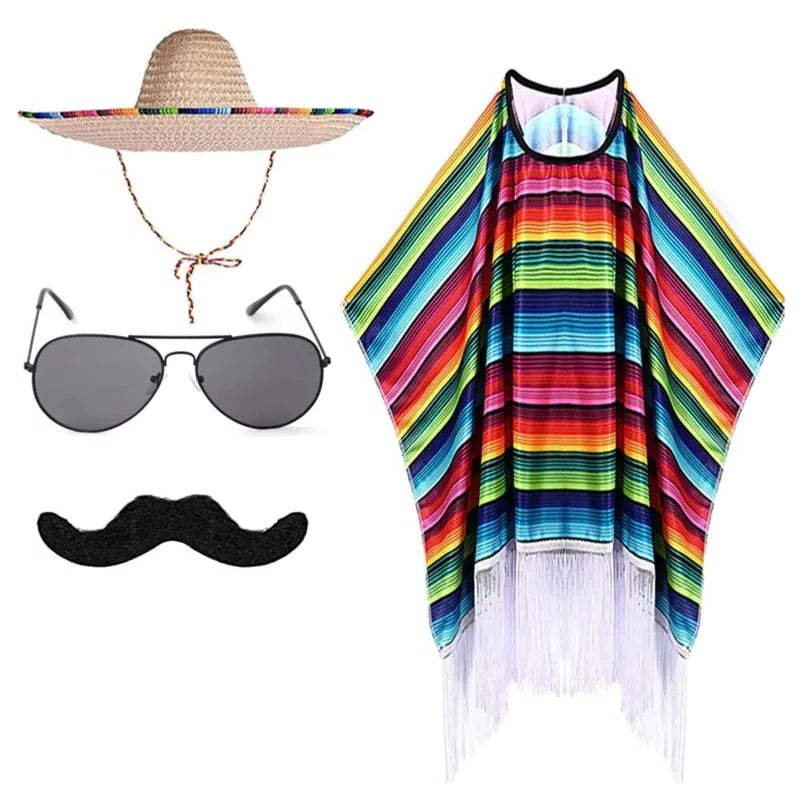 Mexican Festival Halloween Costume Set — Cloak, Hat, Sunglasses & Beard