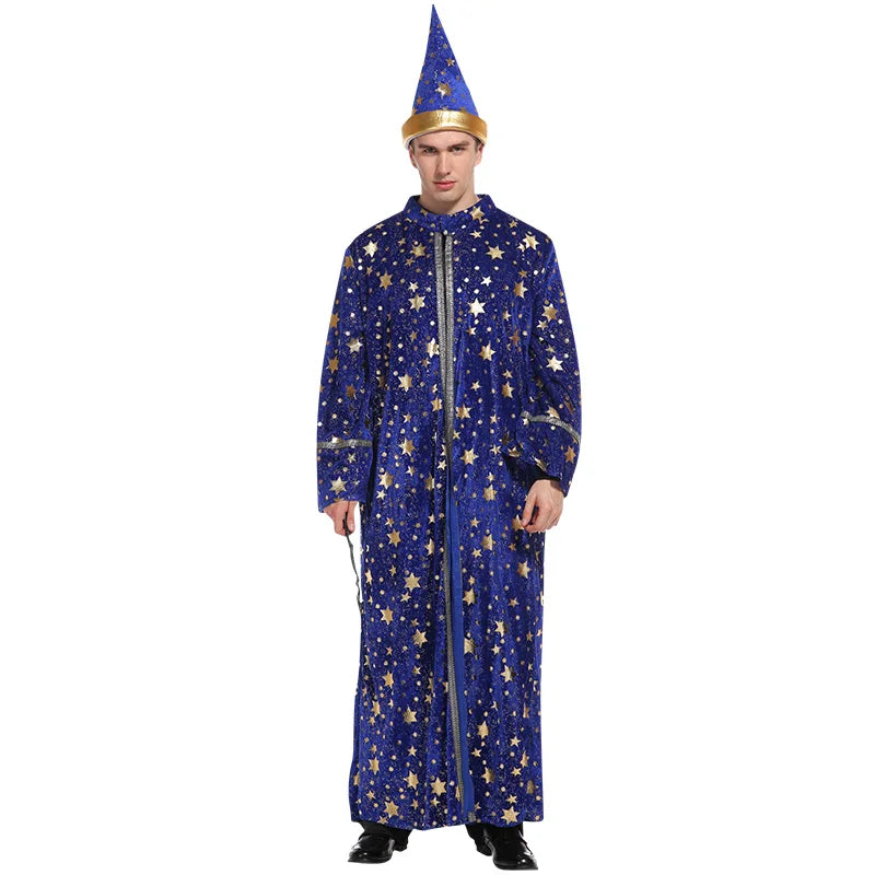 Adult Halloween Wizard Costume — Glittering Stars Robe & Pointy Hat